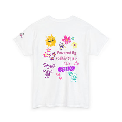 "Powered By Positivity & A Little Delulu" Cute Doodle Graphic Tee | PositiveHug