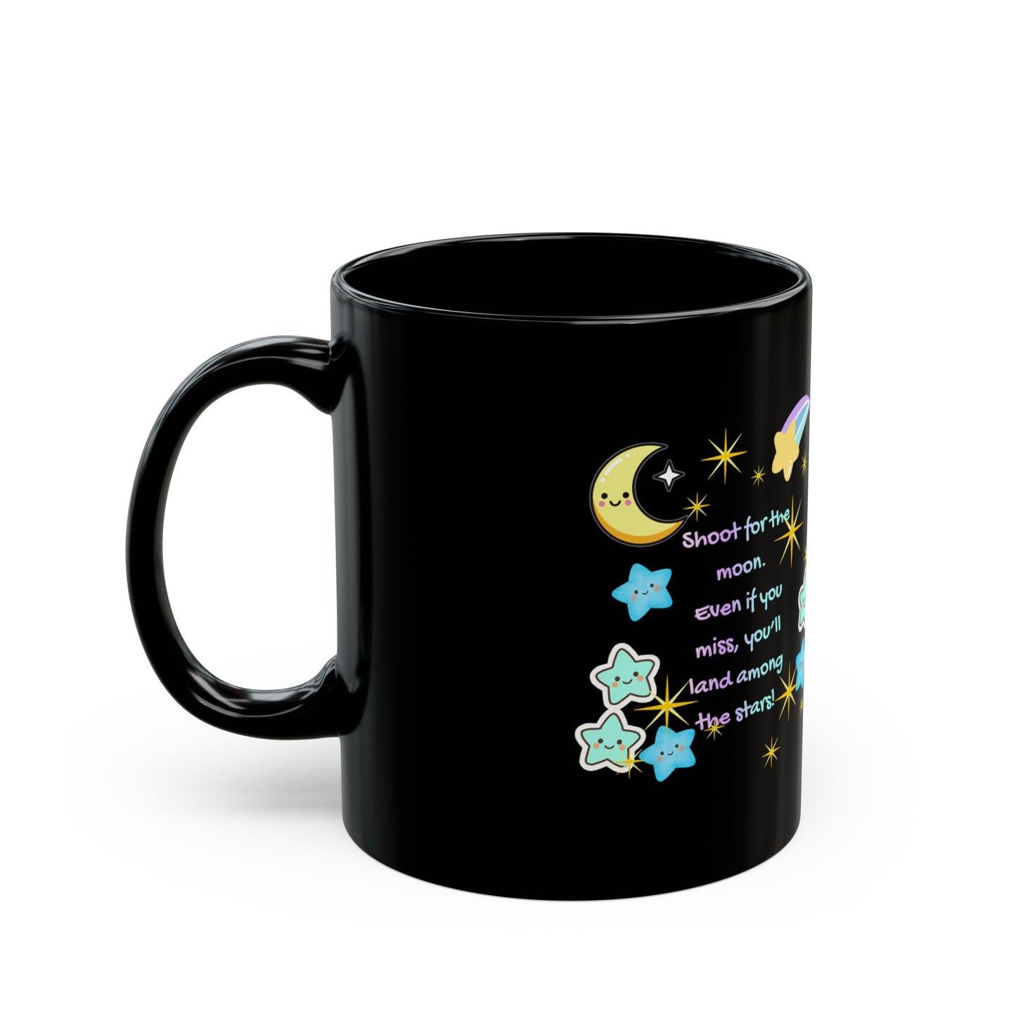 Shoot for the Moon Inspirational Black Mug — Cute Pastel Design | PositiveHug