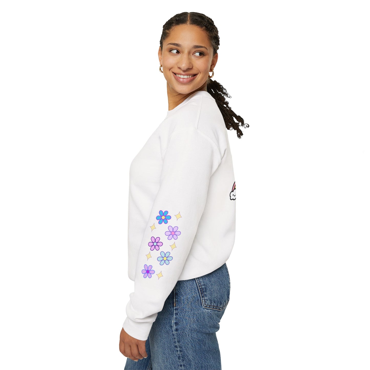 Dreamy Rainbow Floral Crewneck Sweatshirt — "Follow Your Dreams" Back Graphic