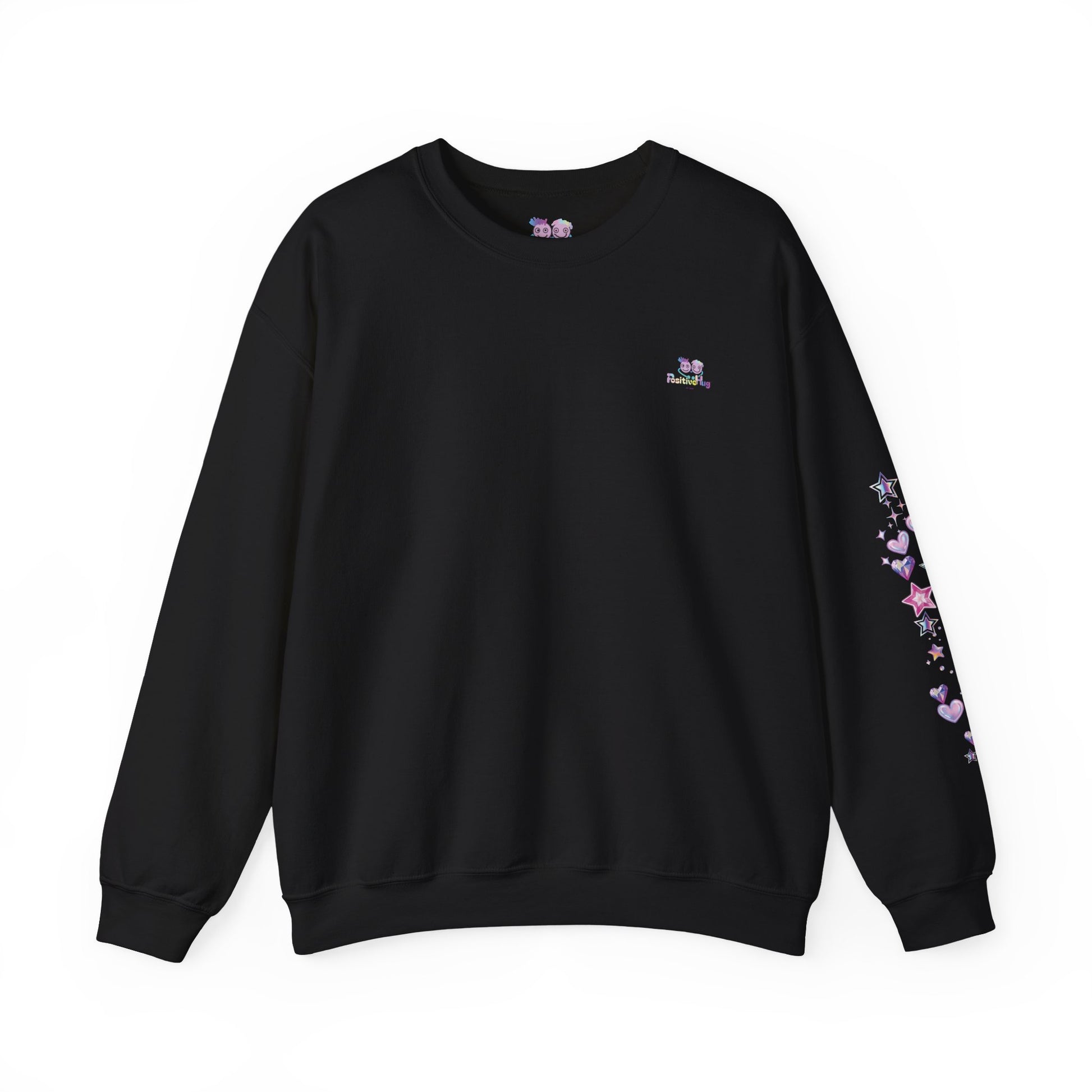 Black sweatshirt with floral designs on sleeves against a white background