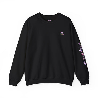 Black sweatshirt with floral designs on sleeves against a white background