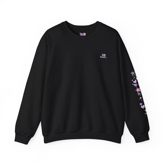 Black sweatshirt with floral designs on sleeves against a white background
