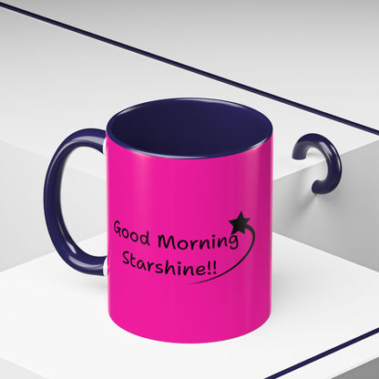'Good Morning Starshine' Neon Cheerful Coffee Mug by PositiveHug - Pink exterior