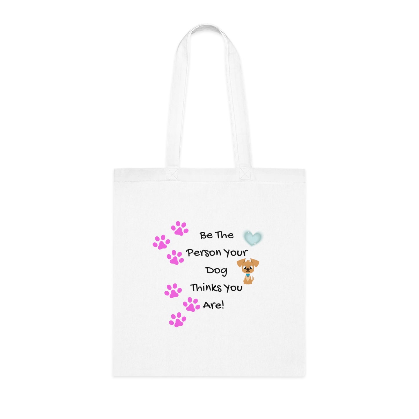 White tote bag with dog-themed text and graphics on a white background