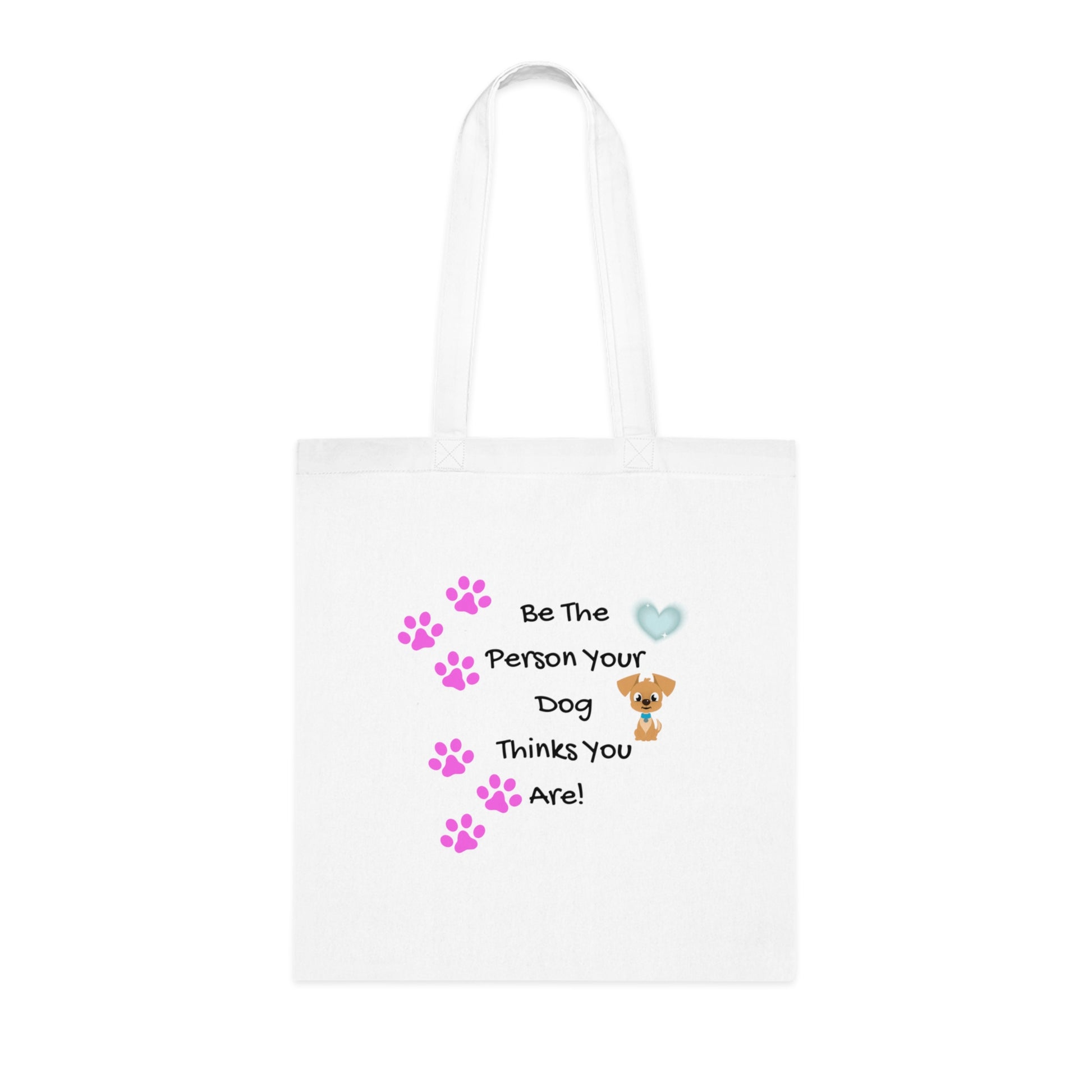 White tote bag with dog-themed text and graphics on a white background