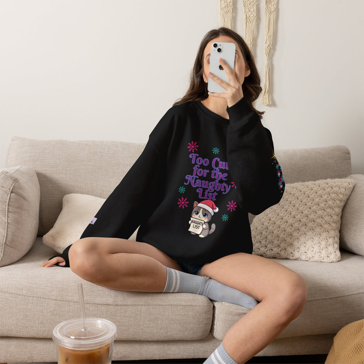Christmas Cat Sweatshirt, Too Cute for the Naughty List | PositiveHug