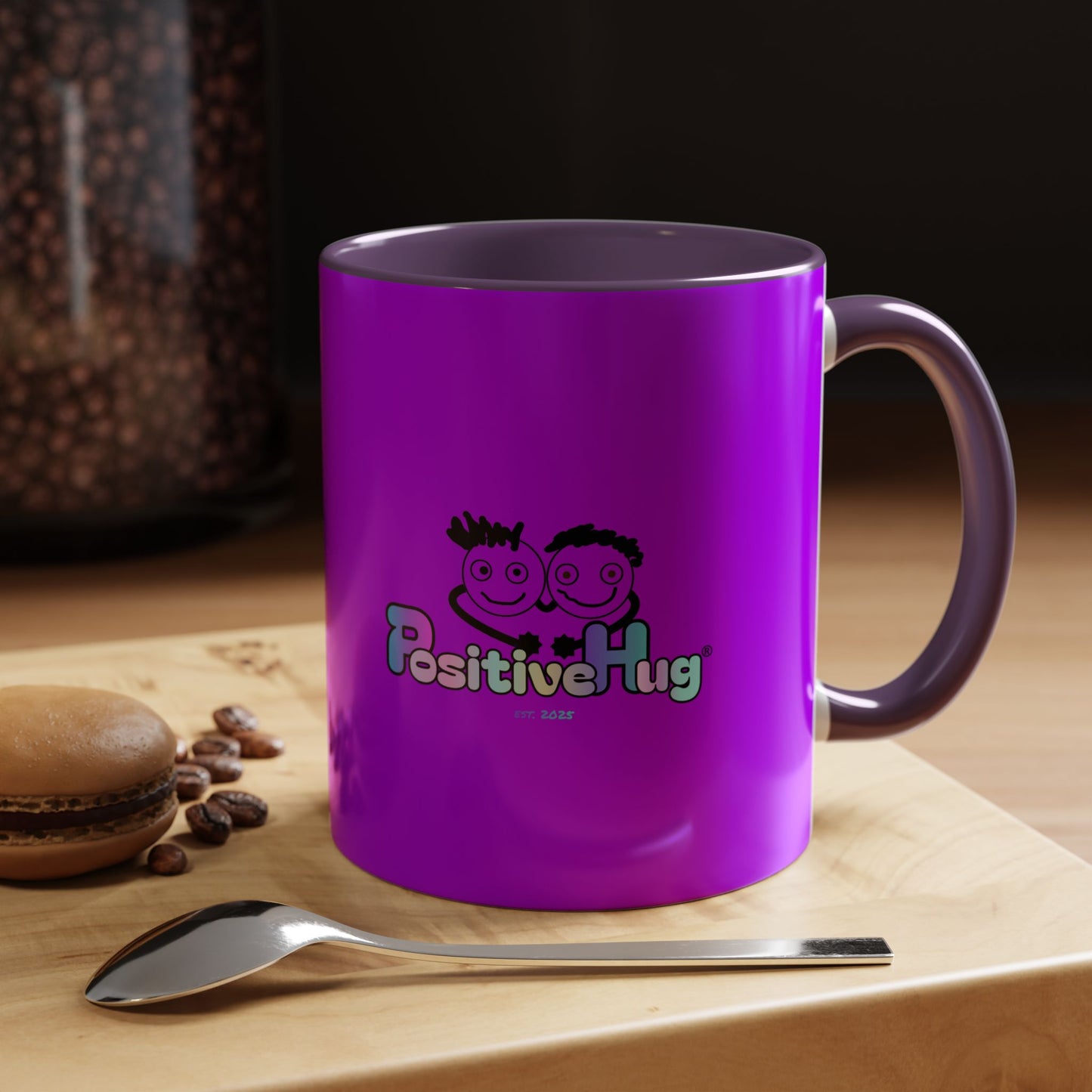 Good Morning Starshine - Neon Cheerful Coffee Mug by PositiveHug - Purple exterior