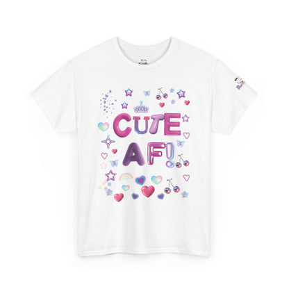 White t-shirt with 'CUTE AF!' text and colorful graphics on a white background