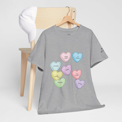 Affirmation Heart Tee — Pastel Candy Hearts Graphic T-Shirt