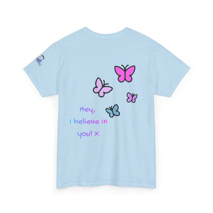 Light blue t-shirt with butterfly graphics and text on a white background