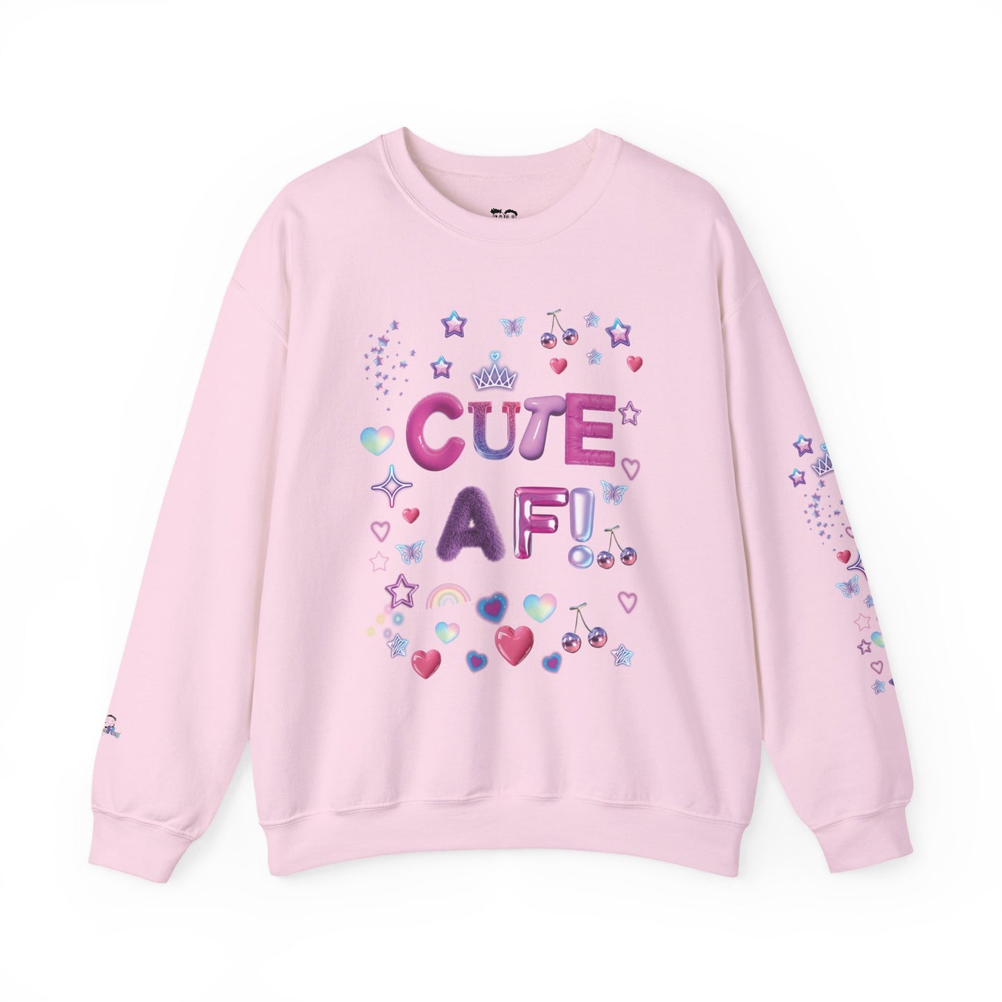 Pink sweatshirt with 'CUTE AF!' text and decorative elements on a white background