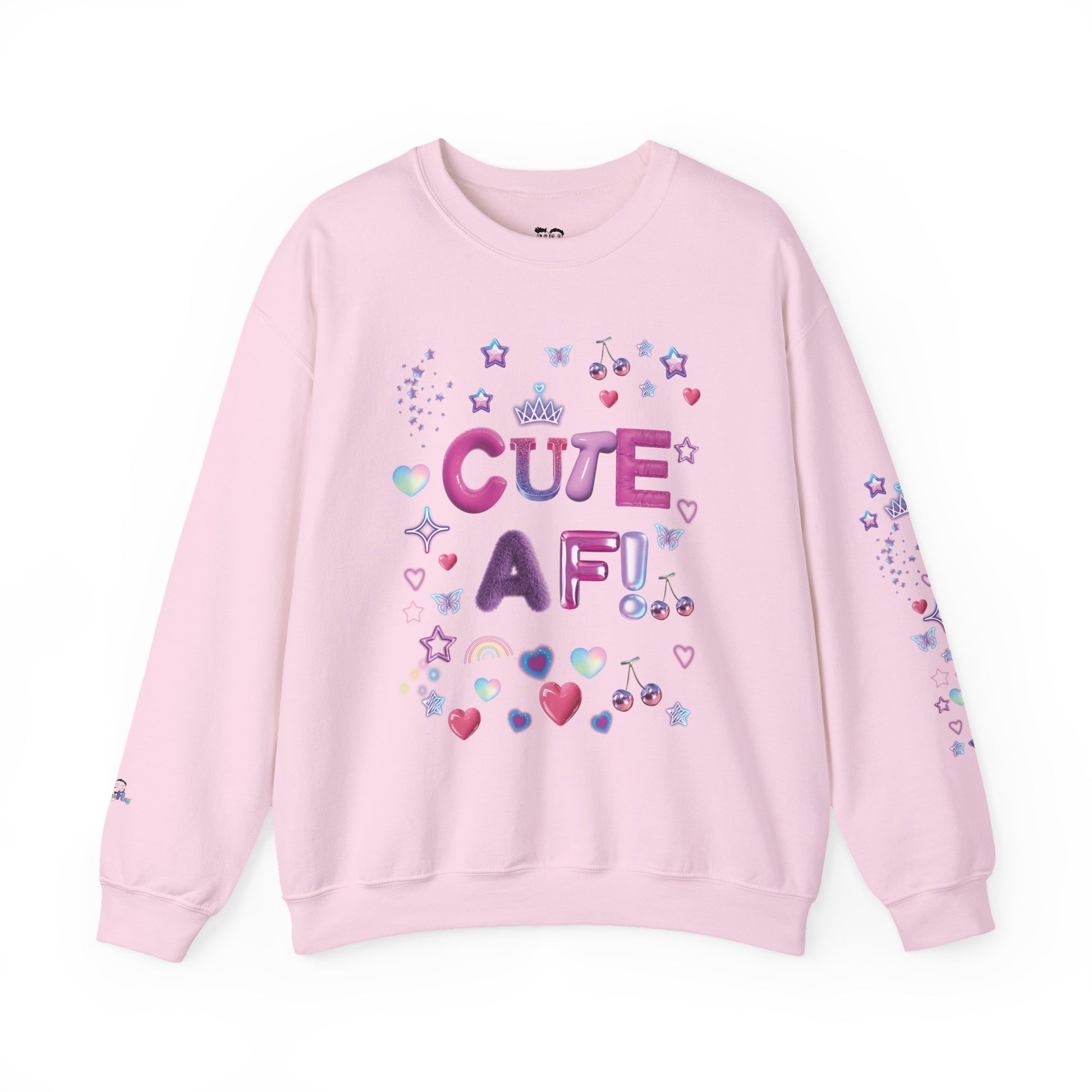 Pink sweatshirt with 'CUTE AF!' text and decorative elements on a white background