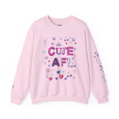 Pink sweatshirt with 'CUTE AF!' text and decorative elements on a white background