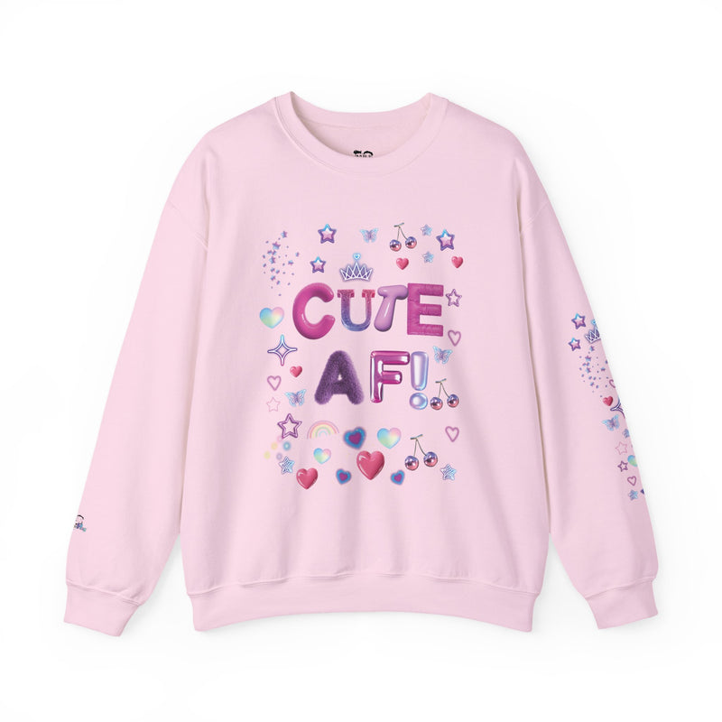 Pink sweatshirt with 'CUTE AF!' text and decorative elements on a white background