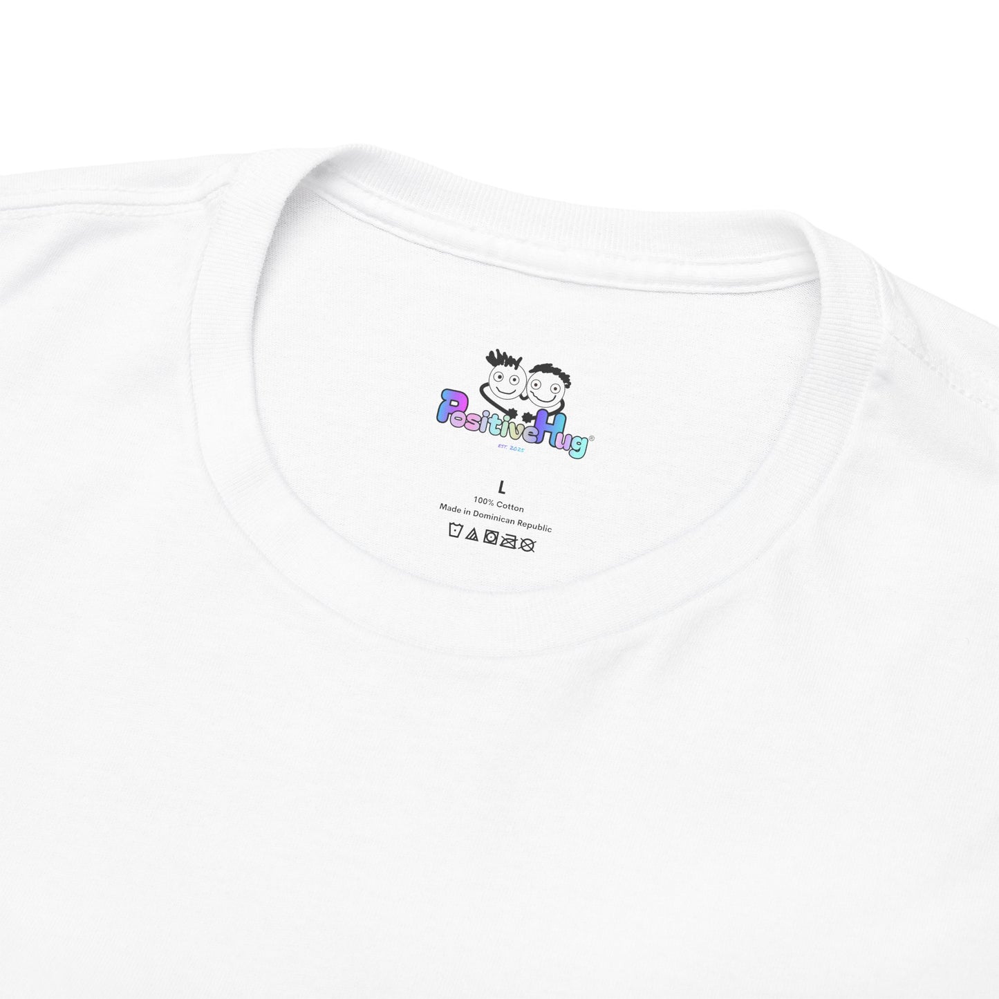 Cute Playful PositiveHug logo Tee with Hearts, Stars Back Graphic
