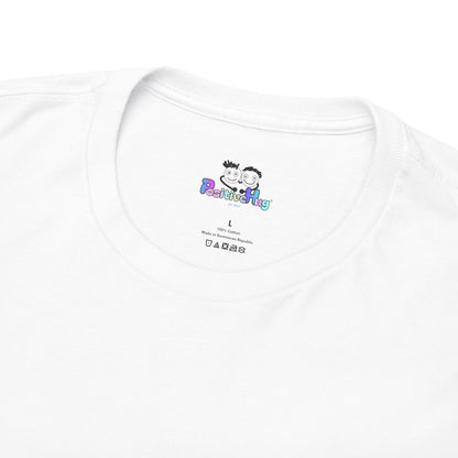 Cute Playful PositiveHug logo Tee with Hearts, Stars Back Graphic