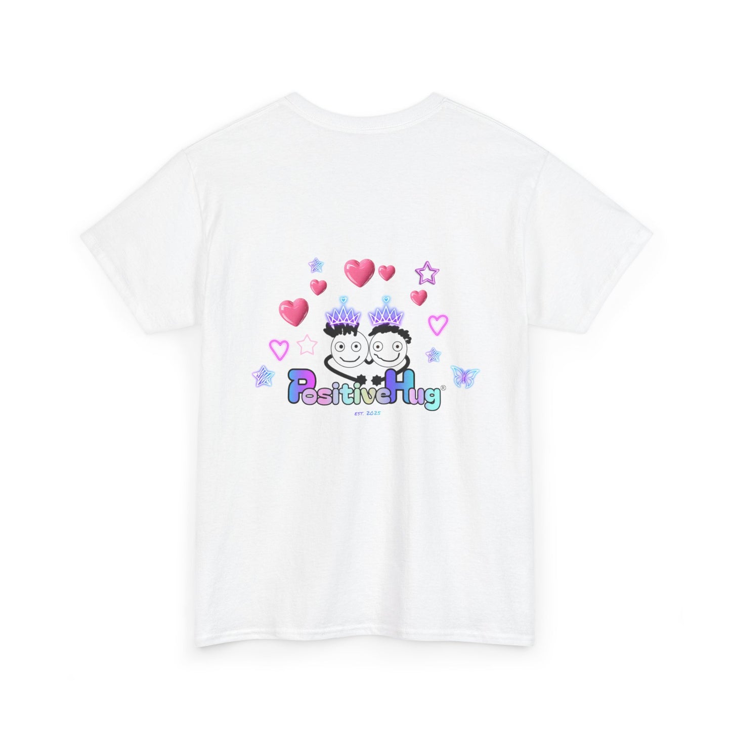 Cute Playful PositiveHug logo Tee with Hearts, Stars Back Graphic
