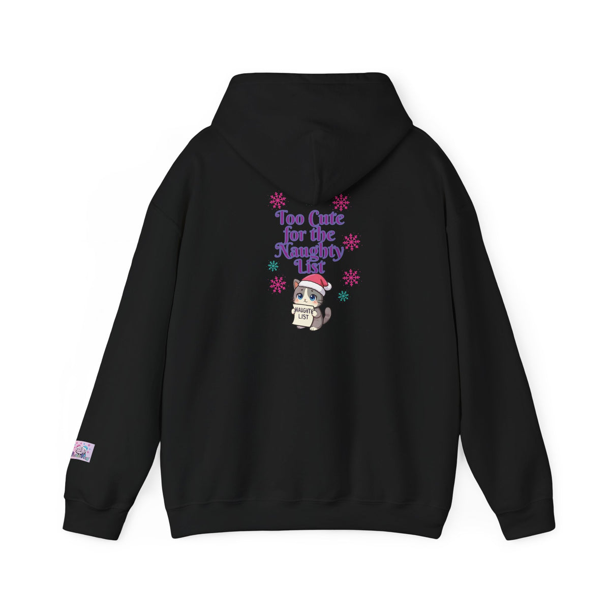 Black festive hoodie with text on the back and a design on the PositiveHug logo sleeve. Christmas Santa Cat graphic with the words in purple lettering: 'Too cute for the naughty list'
