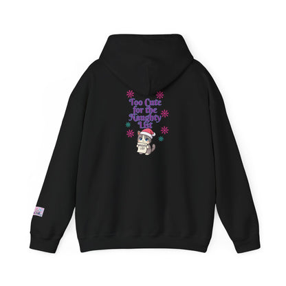 Black festive hoodie with text on the back and a design on the PositiveHug logo sleeve. Christmas Santa Cat graphic with the words in purple lettering: 'Too cute for the naughty list'