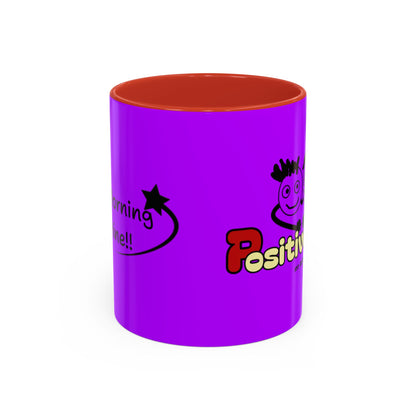 'Good Morning Starshine' Neon Cheerful Coffee Mug by PositiveHug - Purple exterior