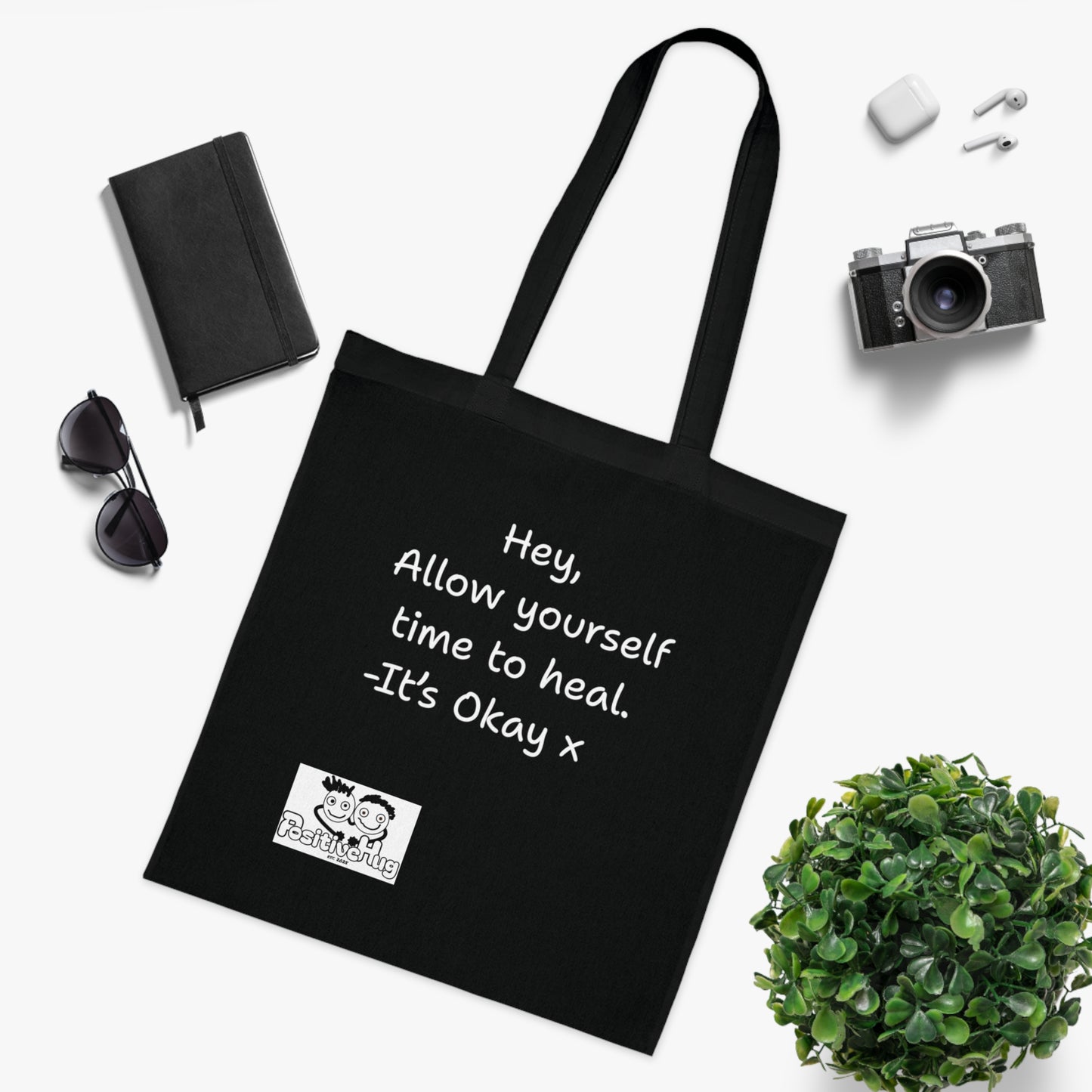 'Hey, Allow yourself time to heal. It's Okay x 'Positive Vibes Cotton Tote Bag - by PositiveHug Inspirational & Fun Design
