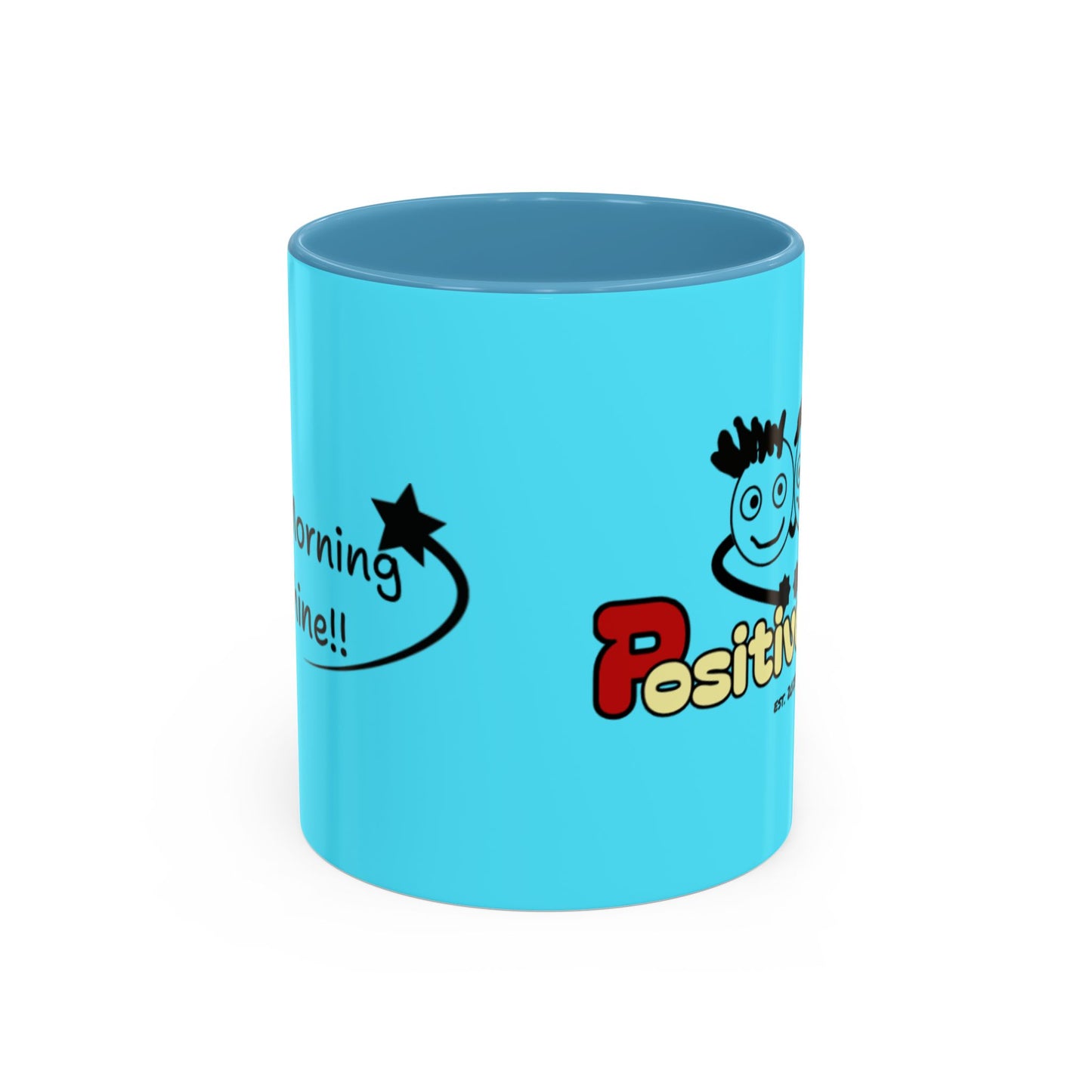 'Good Morning Starshine' Neon Cheerful Coffee Mug by PositiveHug - Turquoise exterior