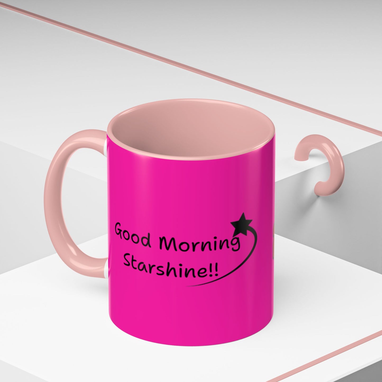 'Good Morning Starshine' Neon Cheerful Coffee Mug by PositiveHug - Pink exterior