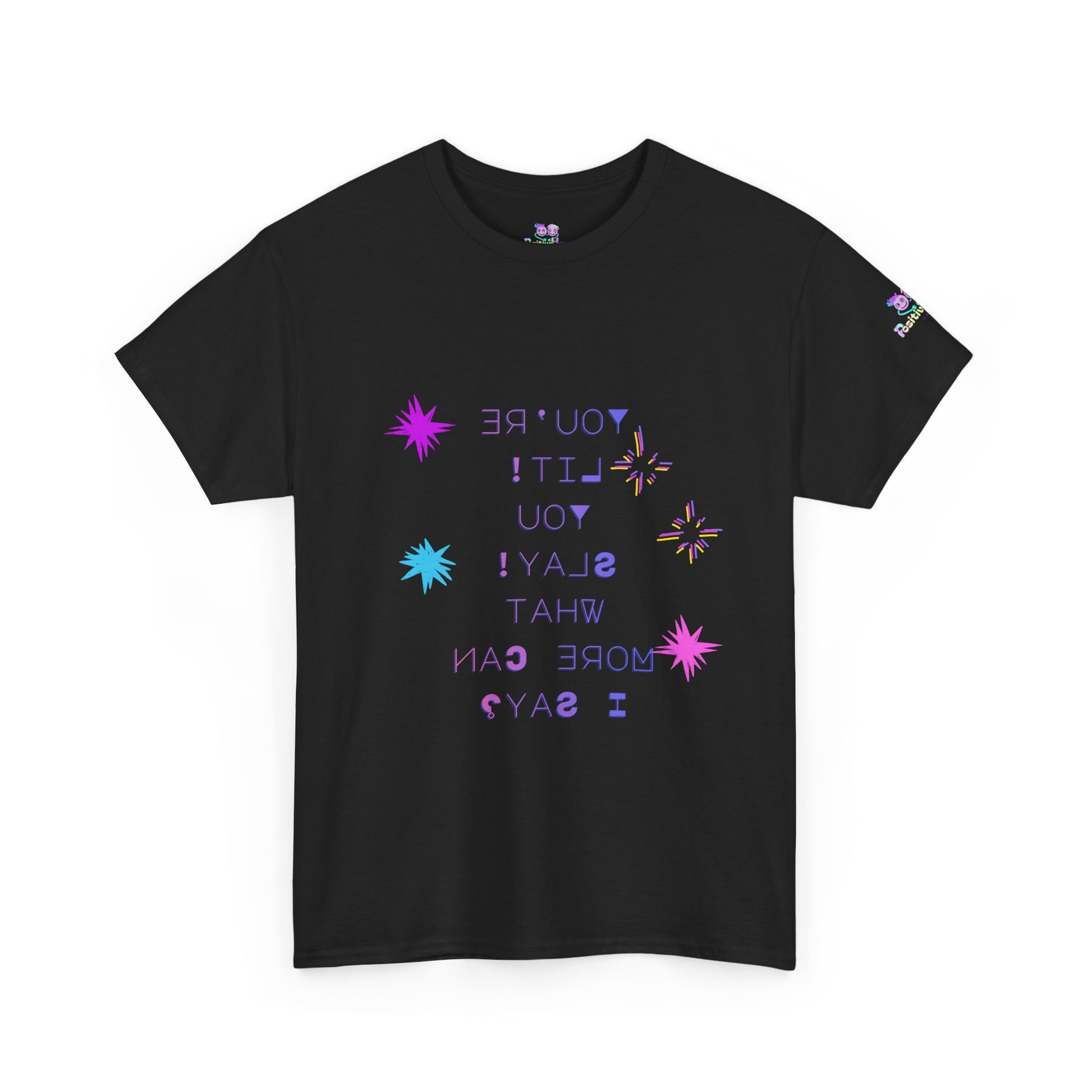 Black t-shirt with colorful text and star designs on a white background