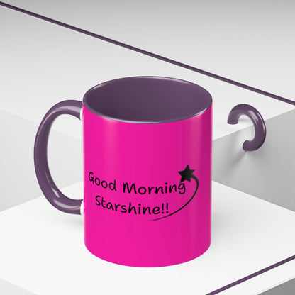 'Good Morning Starshine' Neon Cheerful Coffee Mug by PositiveHug - Pink exterior