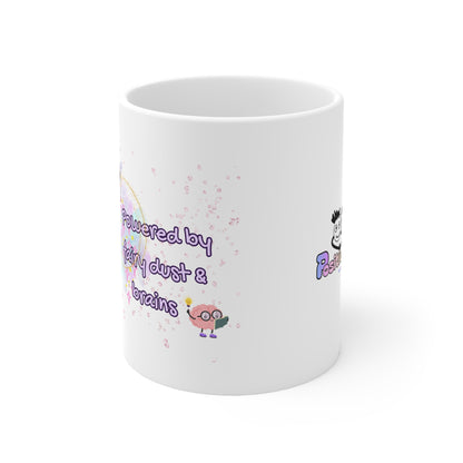 White mug with colorful text and graphics on a white background