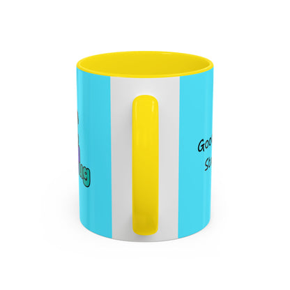 'Good Morning Starshine' Neon Cheerful Coffee Mug by PositiveHug - Turquoise exterior