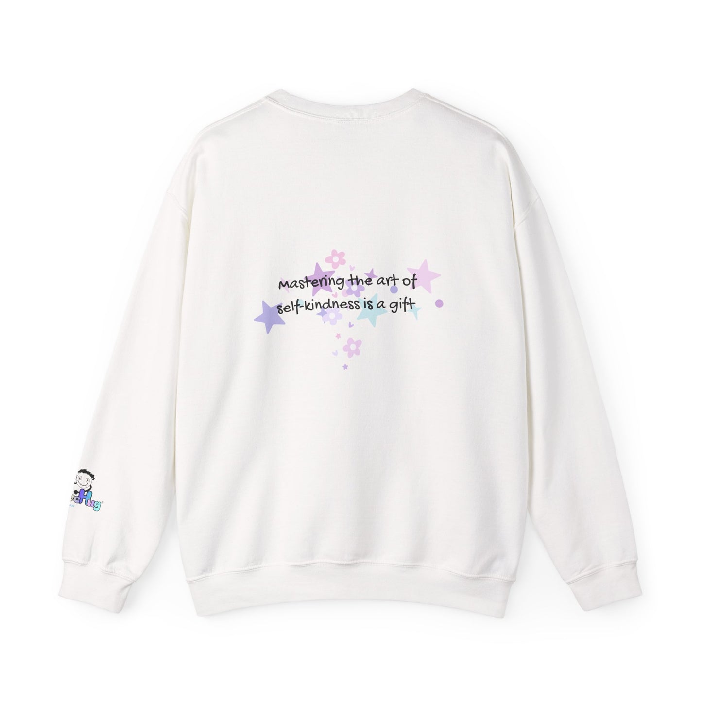 White sweatshirt with text and star designs on a white background
