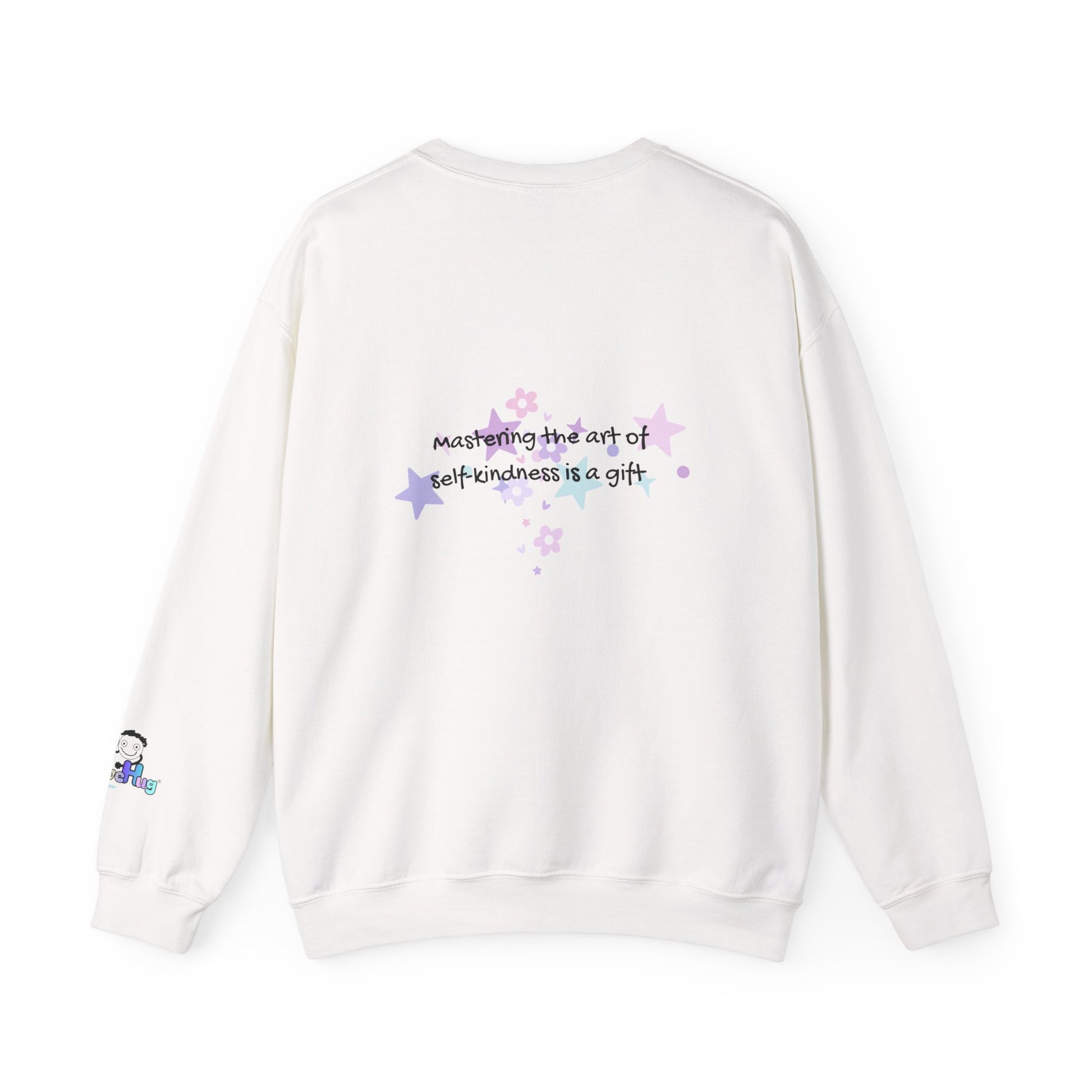 White sweatshirt with text and star designs on a white background