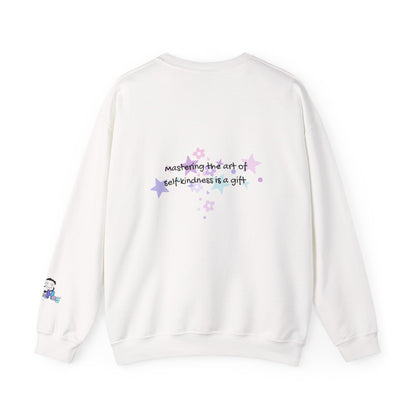 White sweatshirt with text and star designs on a white background