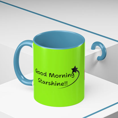 'Good Morning Starshine' Neon Cheerful Coffee Mug by PositiveHug - Green exterior