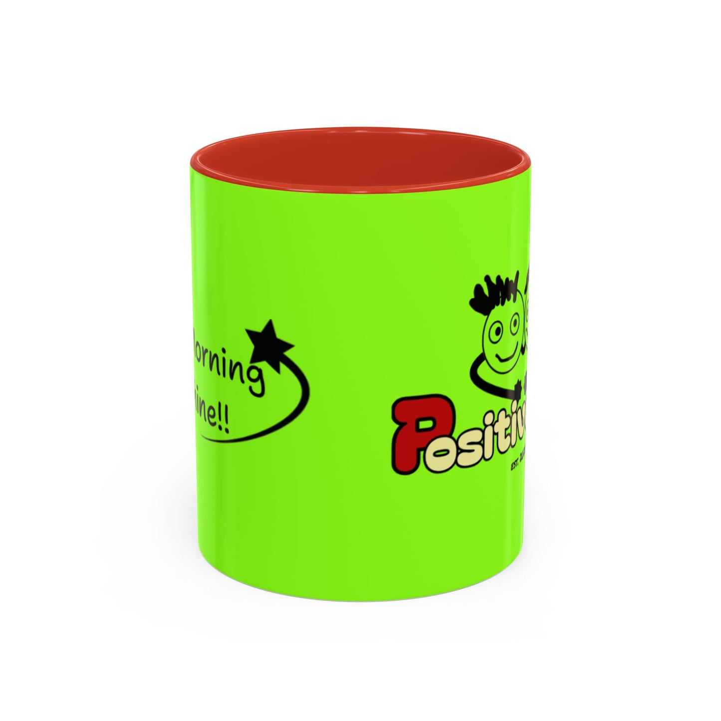 'Good Morning Starshine' Neon Cheerful Coffee Mug by PositiveHug - Green exterior
