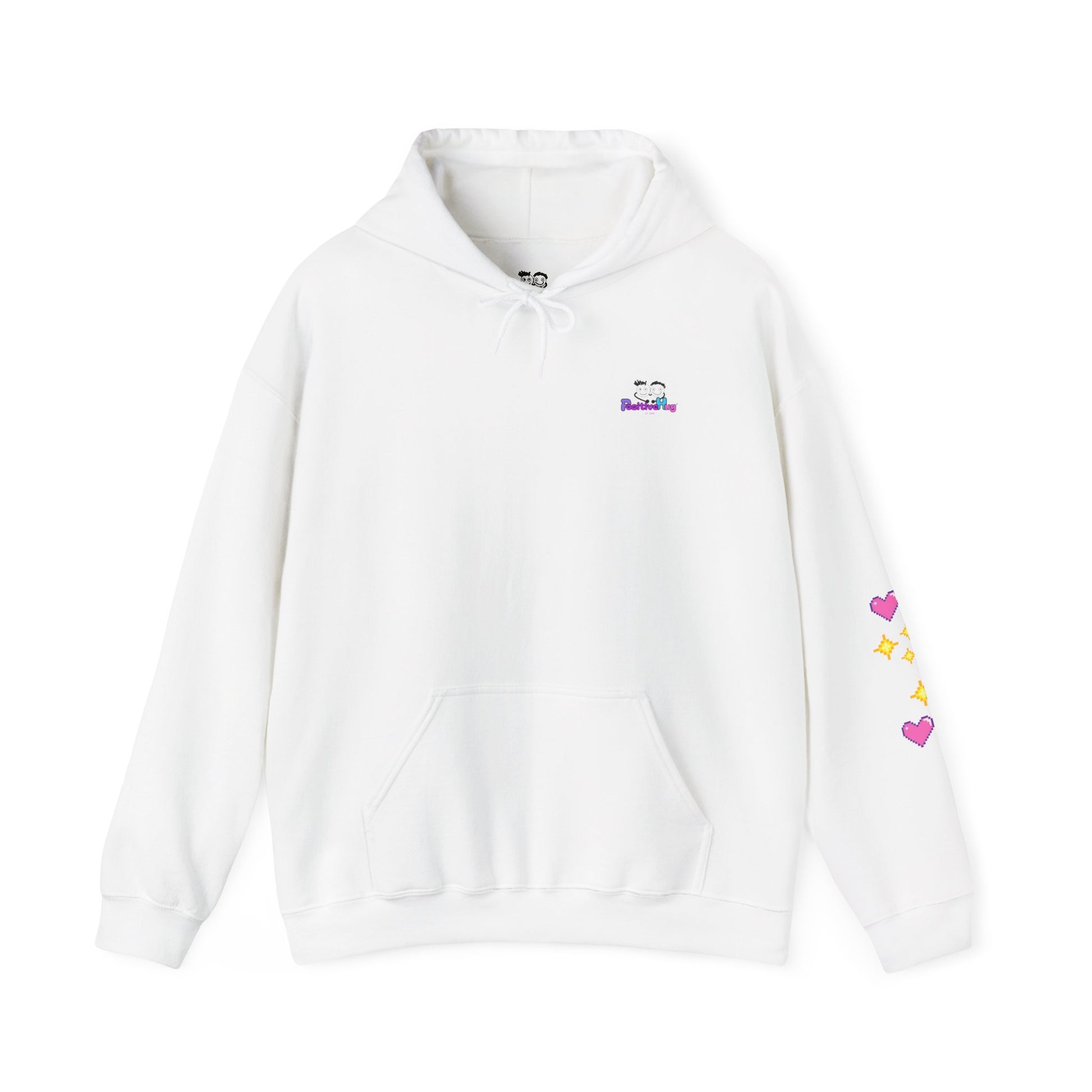 White hoodie with colorful heart designs on a white background