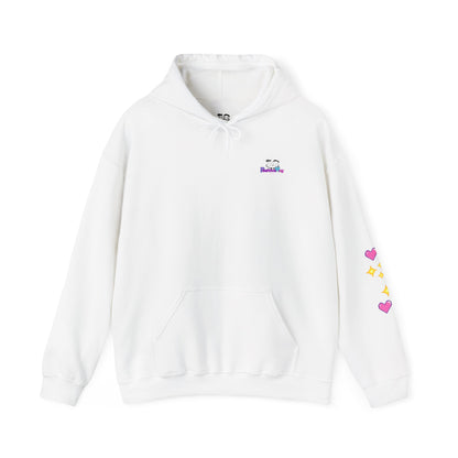 White hoodie with colorful heart designs on a white background