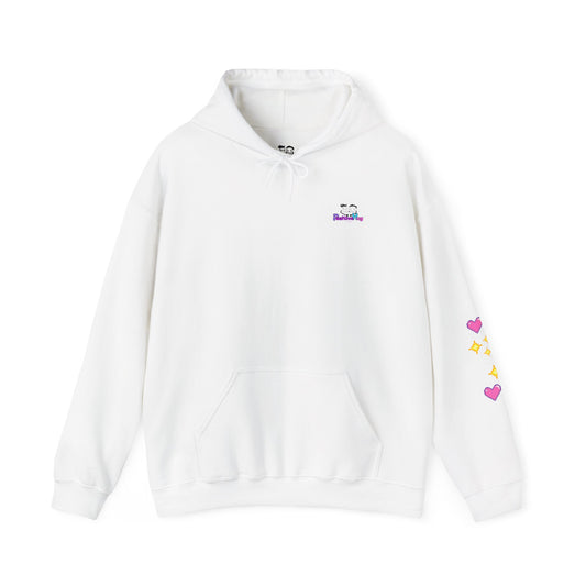 White hoodie with colorful heart designs on a white background