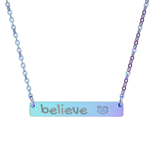 Engraved "Believe" Bar Necklace with PositiveHug logo