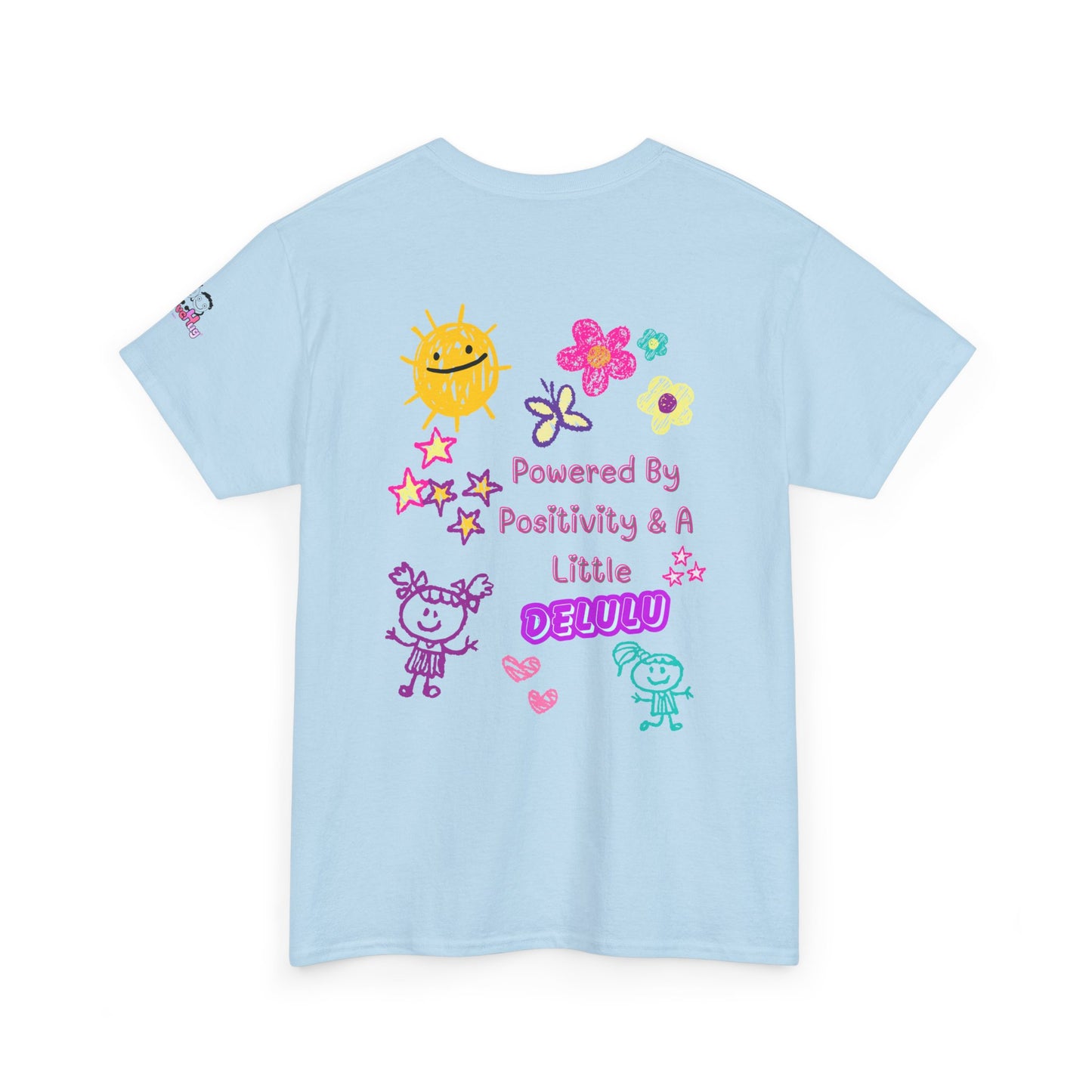 "Powered By Positivity & A Little Delulu" Cute Doodle Graphic Tee | PositiveHug