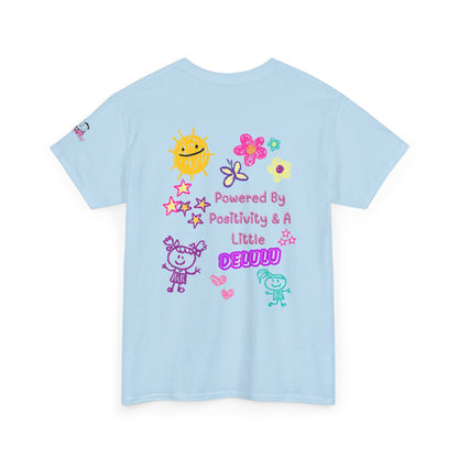 "Powered By Positivity & A Little Delulu" Cute Doodle Graphic Tee | PositiveHug