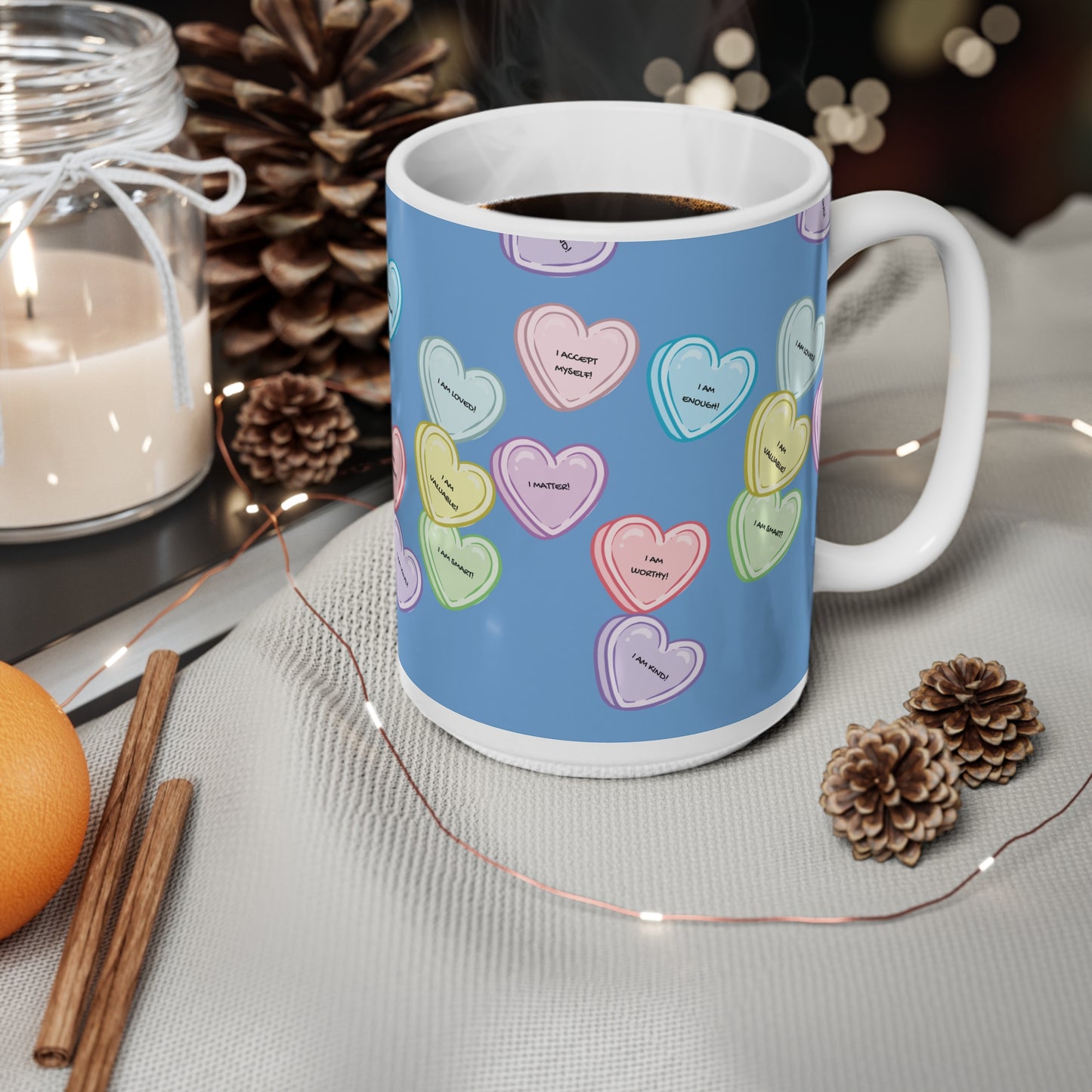 Coffee Mug with Love Heart Candy & Positive Affirmations (I Am Worthy, I Am Loved etc)