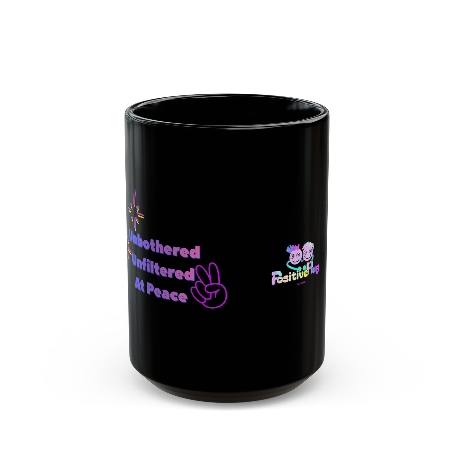 Black mug with colorful text and graphics on a white background