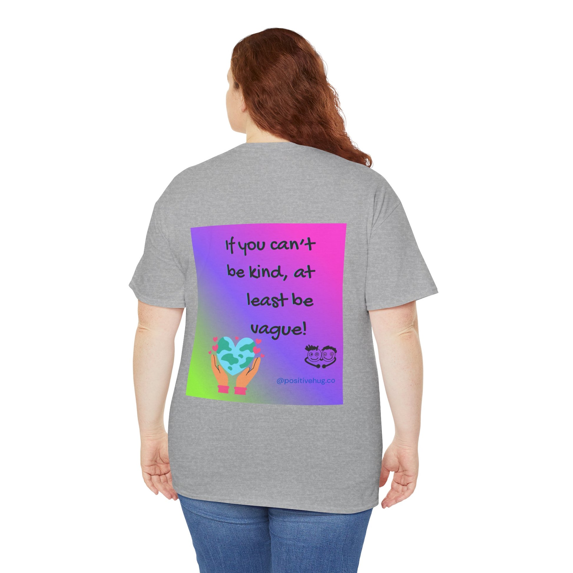 Person wearing a gray t-shirt with a colorful design and text on the back.