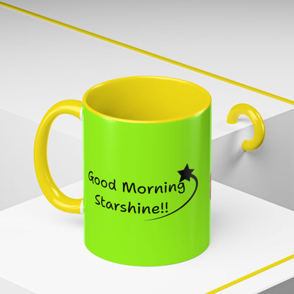 'Good Morning Starshine' Neon Cheerful Coffee Mug by PositiveHug - Green exterior