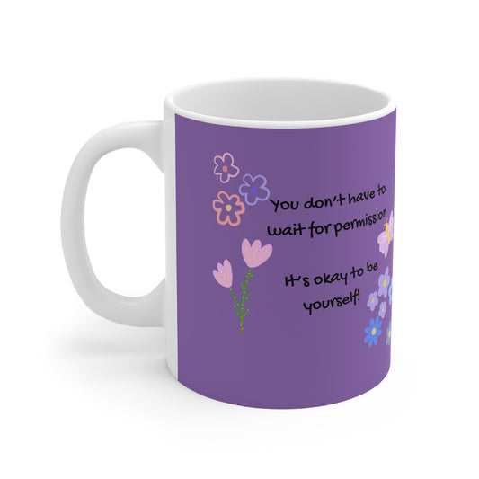 Purple mug with floral designs and text on a white background