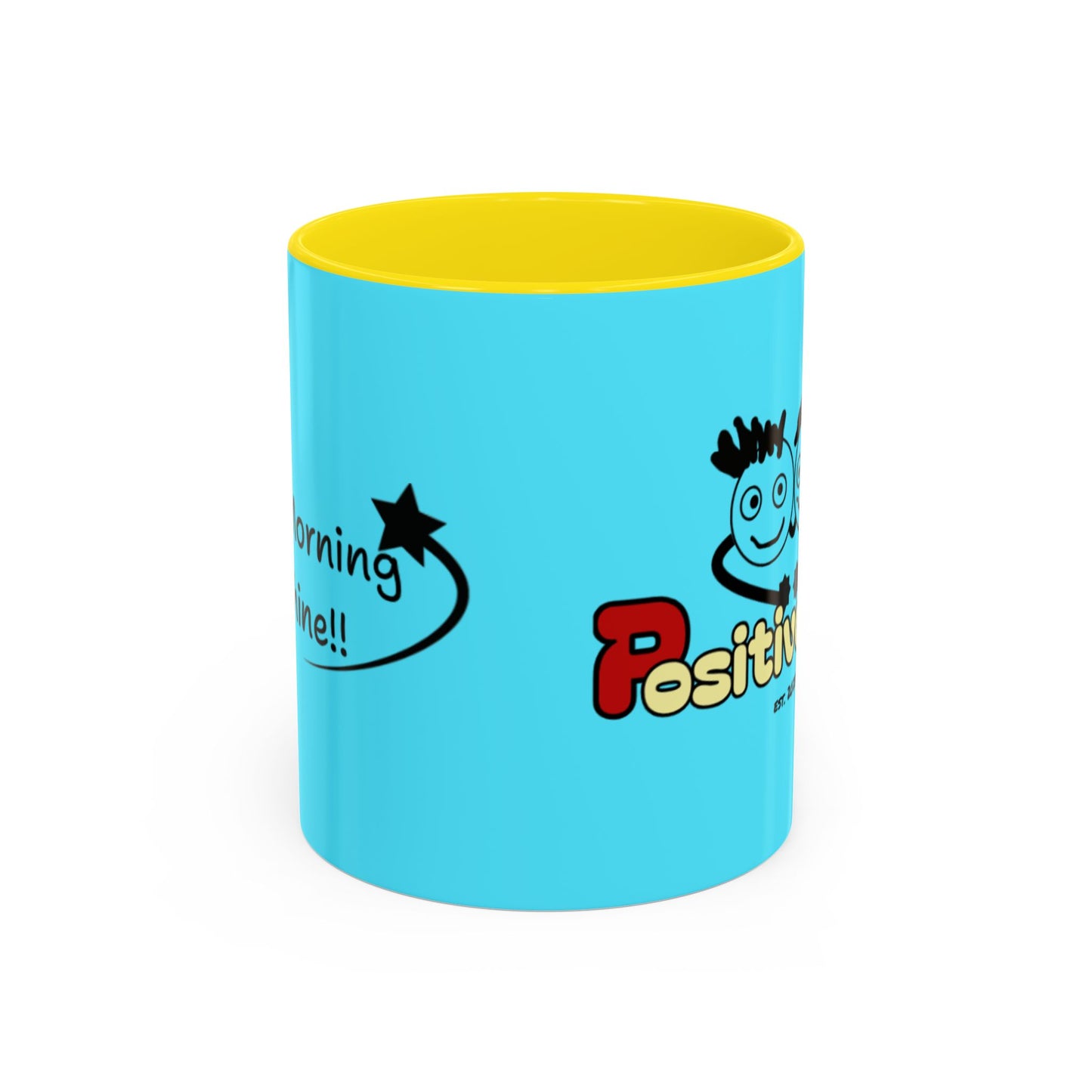 'Good Morning Starshine' Neon Cheerful Coffee Mug by PositiveHug - Turquoise exterior