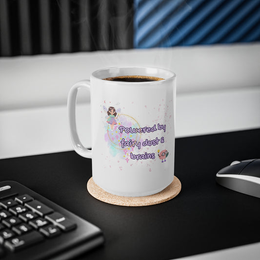 White mug with text and graphics on a desk with a keyboard and mouse.