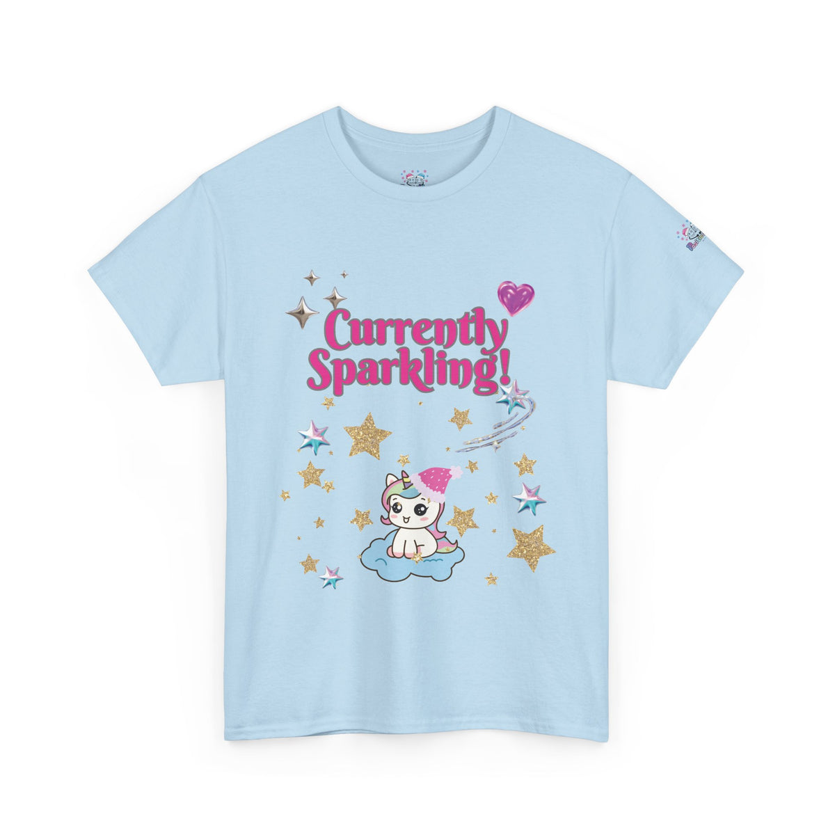 A light blue short-sleeve t-shirt with a cute cartoon graphic on the front. The graphic features the text 'Currently Sparkling!' in pink, a small white cat with a pink bow sitting on a cloud, and gold and pink stars.